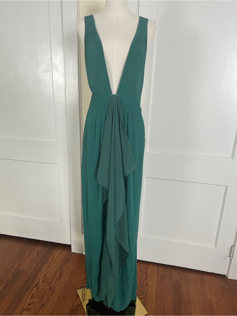 GHOST London Emerald Plunge Cross-Back Gown – Sheer Waterfall Draping